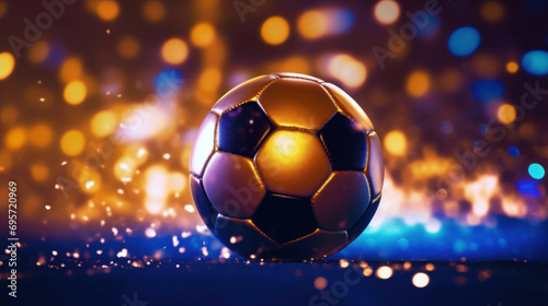 Soccer ball on bokeh lights background.
