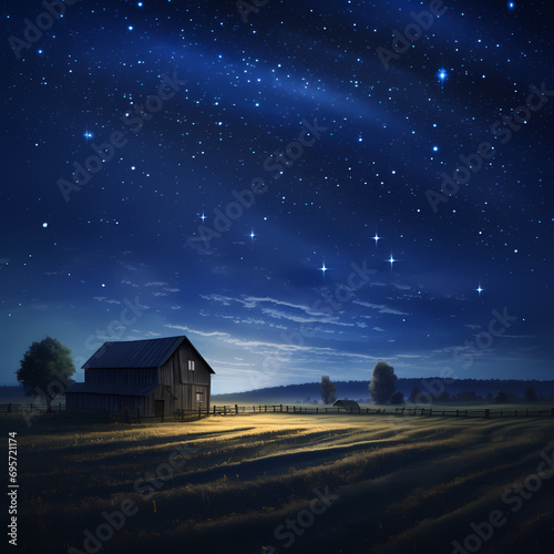 A starry night sky over a tranquil countryside.