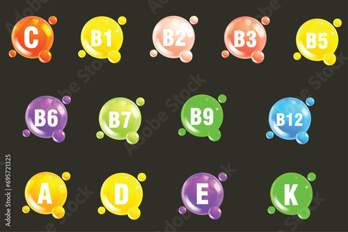Set of Multi Vitamin complex icons, Essential vitamin complex, vitamin c, vitamin d, vitamin e, vitamin k, vitamin b, vitamin b