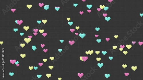 cute pixel style pastel heart flying motion animation on dark background in seamless loop