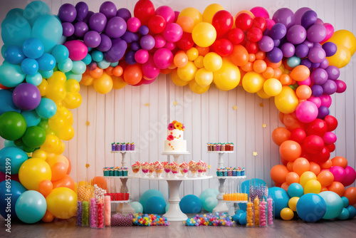 Celebration backdrop with rainbow arche from colorfull balloons.  photo