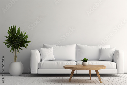 Round coffee table near white sofa against blank wall with copy space. Minimalist cozy home interior design of modern living room