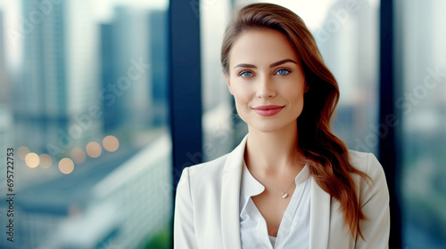 Business elegant woman standing in front of a window against the backdrop of a cityscape
 photo