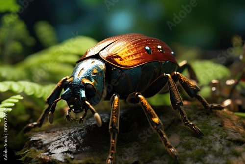 In the vibrant tropical forest, a dynamic 4K Ultra HD documentary showcases the dynamic wildlife focus, revealing the intricate life of a beetle as it navigates its lush and exotic habitat. © akimtan