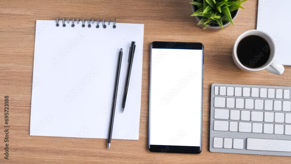 Business office design concept, table desk top view with mockup mobile phone, mockup notepad. flat lay mock up with empty copy space Business office design concept, table desk top view with mockup mobile phone, mockup notepad. flat lay mock up with empty copy space
