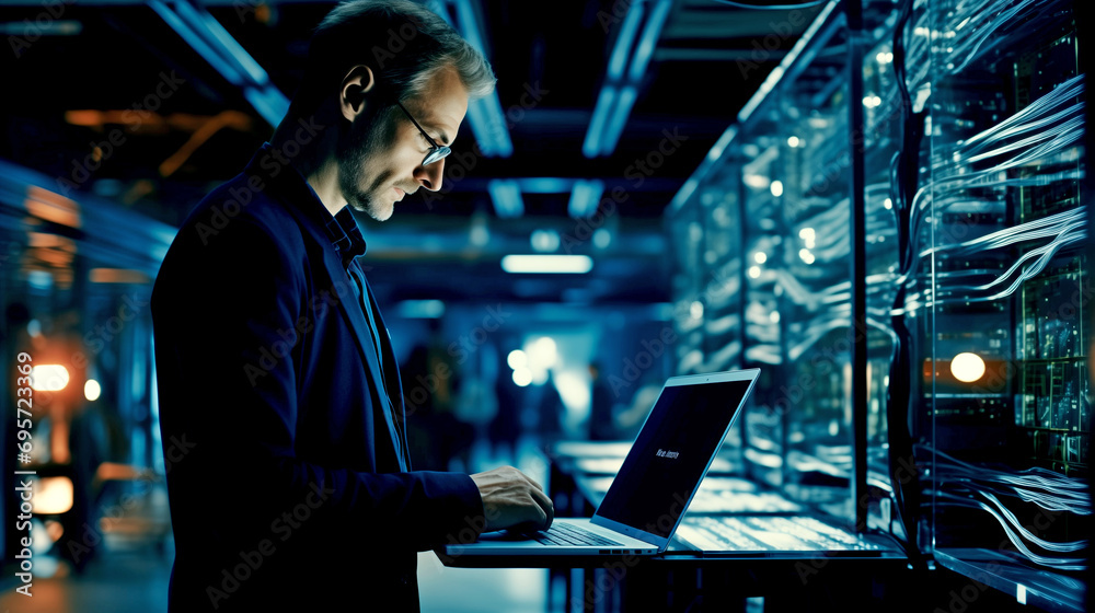 A man stands in a server room with a tablet, data center - IT specialist - Advanced technology