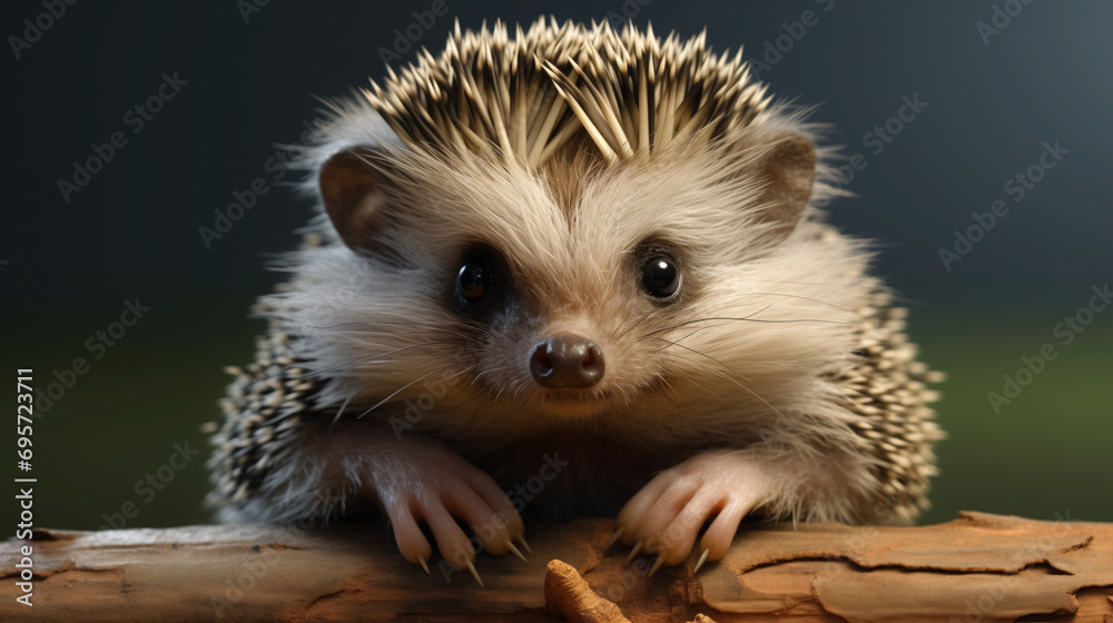 Fototapeta premium A small, curious hedgehog peers over a log in a soft, intimate portrait within the forest.