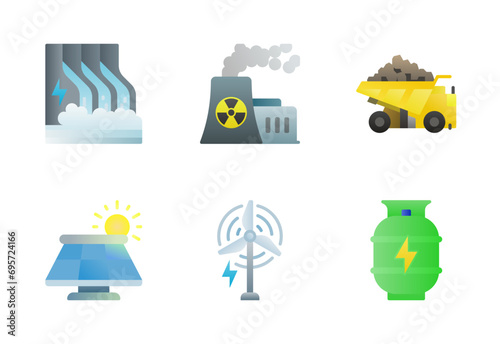 Power Plants icon set vector in full color gradient style, it contains hydropower, nuclear reactor, solar panel, wind power, natural gass, and coal mine.
