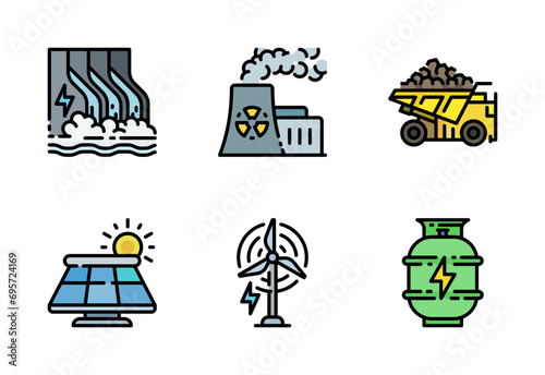 Power Plants icon set vector in colored outline style, it contains hydropower, nuclear reactor, solar panel, wind power, natural gass, and coal mine.