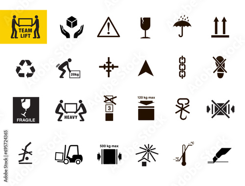 Set of packaging marks and delivery icons. Vector elements. Can use for your design, interface, website, infographic and etc. Prepared for use in any size on different devices. EPS10.