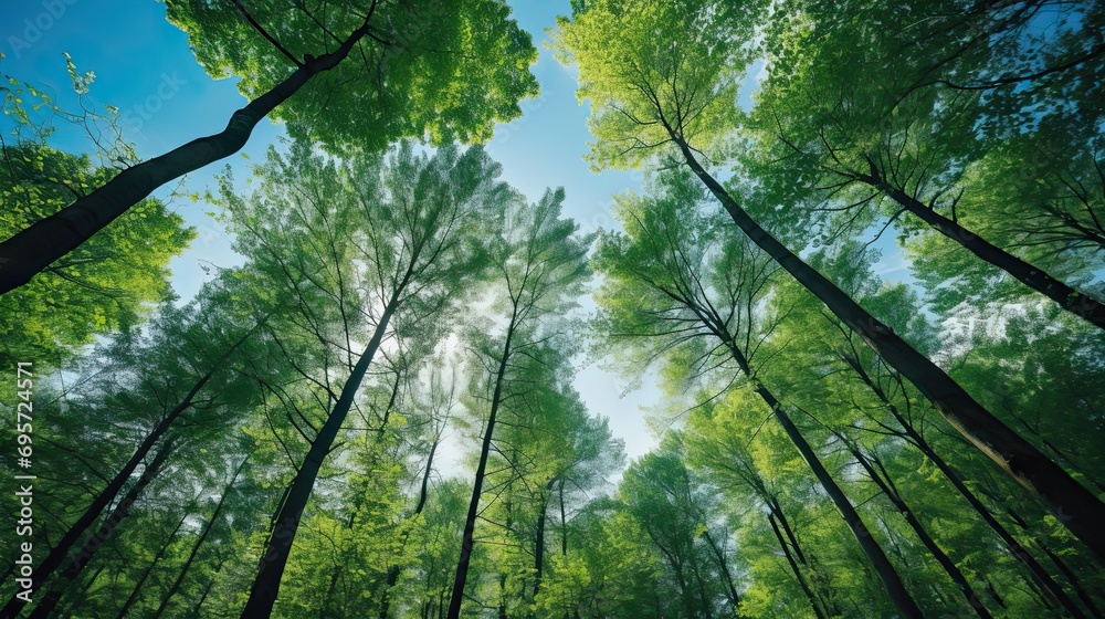 Fototapeta premium Trees in forest from below green tops of trees blue sky