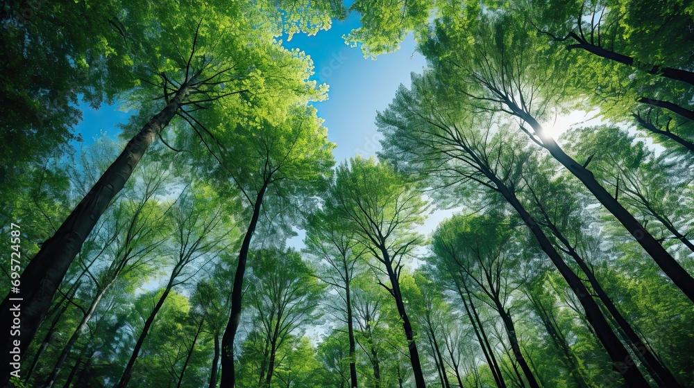 Fototapeta premium Trees in forest from below green tops of trees blue sky