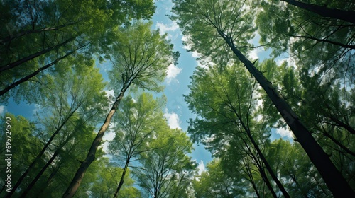 Trees in forest from below green tops of trees blue sky