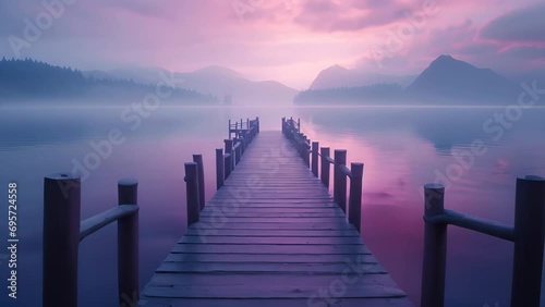 Beautiful foggy sunrise over the lake. Camera slowly moves forward over the pier. Generative AI.