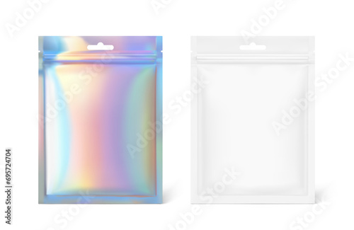 Sachet bag mockup with ziplock, hang hole and tear notch from iridescent foil. Hyper realistic vector illustration isolated on white background. Ready for use in your design. EPS10.