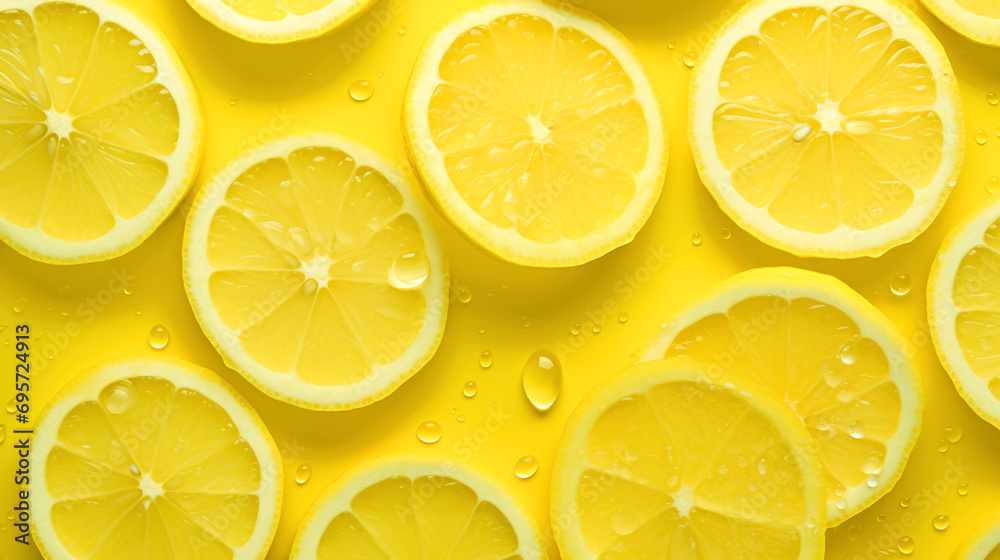 Slices of lemons and whole lemons with water droplets on a yellow background Slices of lemons and whole lemons with water droplets on a yellow background