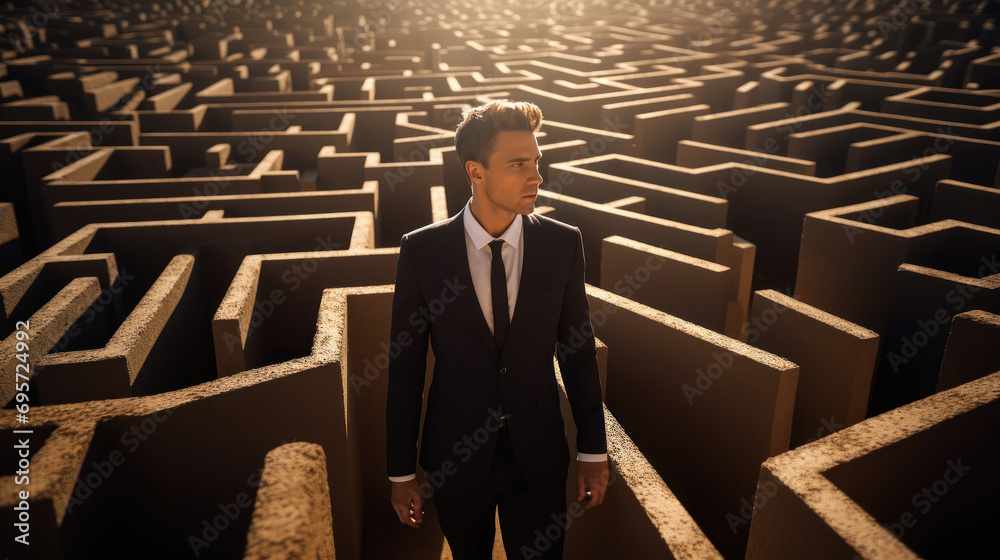 Young businessman standing at architectural background