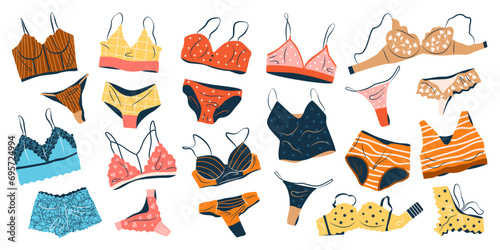 Bundle of female lingerie sets isolated on white background. Collection of elegant undergarments, sexy underwear, bras, bikini and panties for women. Hand drawn colorful flat vector illustrations. photo