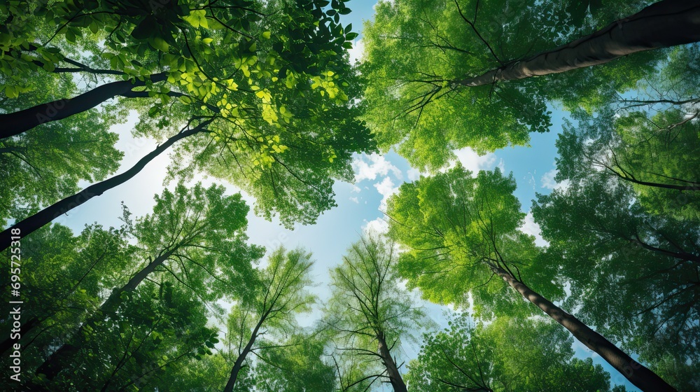 Fototapeta premium Trees in forest from below green tops of trees blue sky