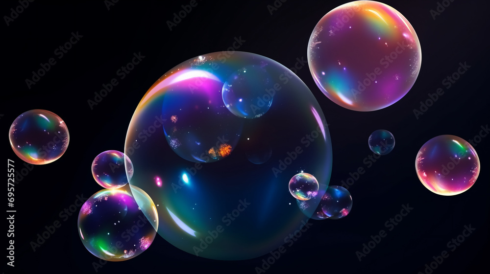 Naklejka premium Soap bubbles levitate on a black background, AI Generative.