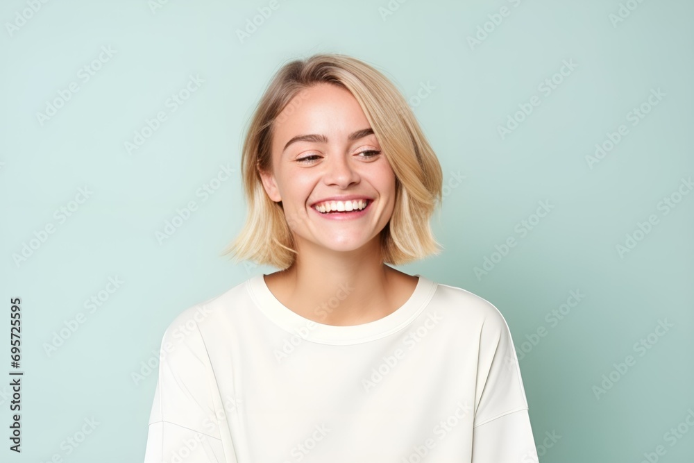 Joyful Young Woman with a Beaming Smile on Soft Aqua Background. Generative AI. Joyful Young Woman with a Beaming Smile on Soft Aqua Background. Generative AI.