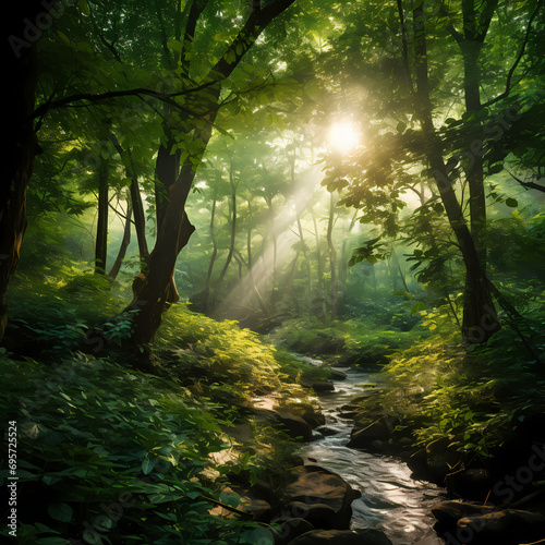 Sunlight filtering through the dense canopy of a lush green forest. © Cao