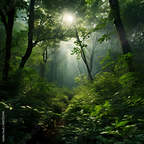 Sunlight filtering through the dense canopy of a lush green forest. © Cao