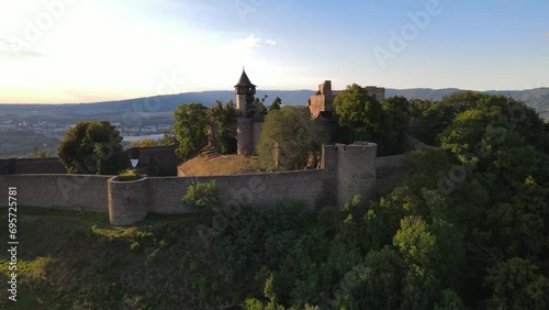 The aerial view of Hukvaldy Castle in Czech Republic photo