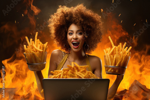 Young woman holding tasty french fries photo