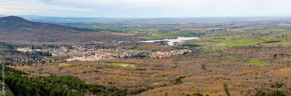 views of the town of La Granja and in the background the city of Segovia from the water waterfall called Chorro Grande in the town of Granja de San Ildefonso in the province of Segovia, Spain