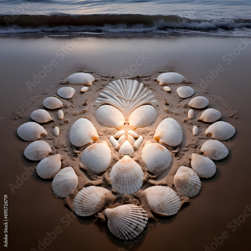 Symmetrical arrangement of seashells on a moonlit beach.
