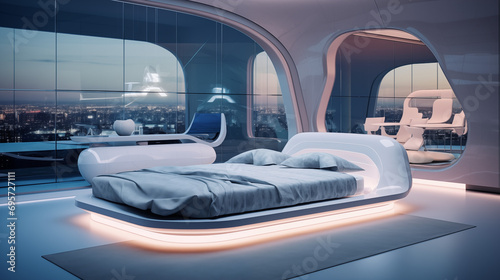 Modernes Schlafzimmerdesign mit leuchtenden Möbeln und Betten smarte Bedienung luxus Generative AI