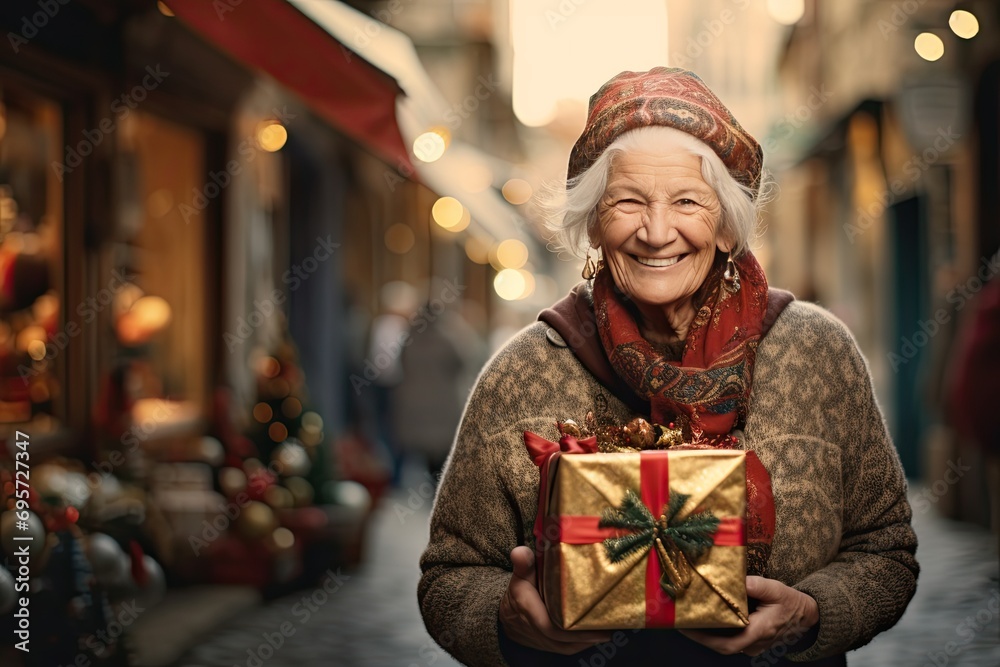Cheerful old woman standing outdoors and looking at Christmas camera while holding a gift box