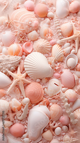 Seashells and starfish on pink background, top view