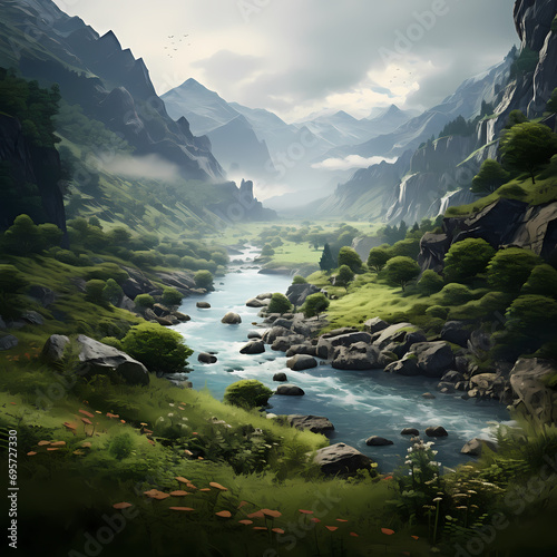 Tranquil river winding through a lush valley.