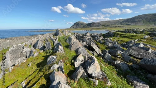 A sunny summer day on the rocky shores of the Barents Sea, Northern Norway photo