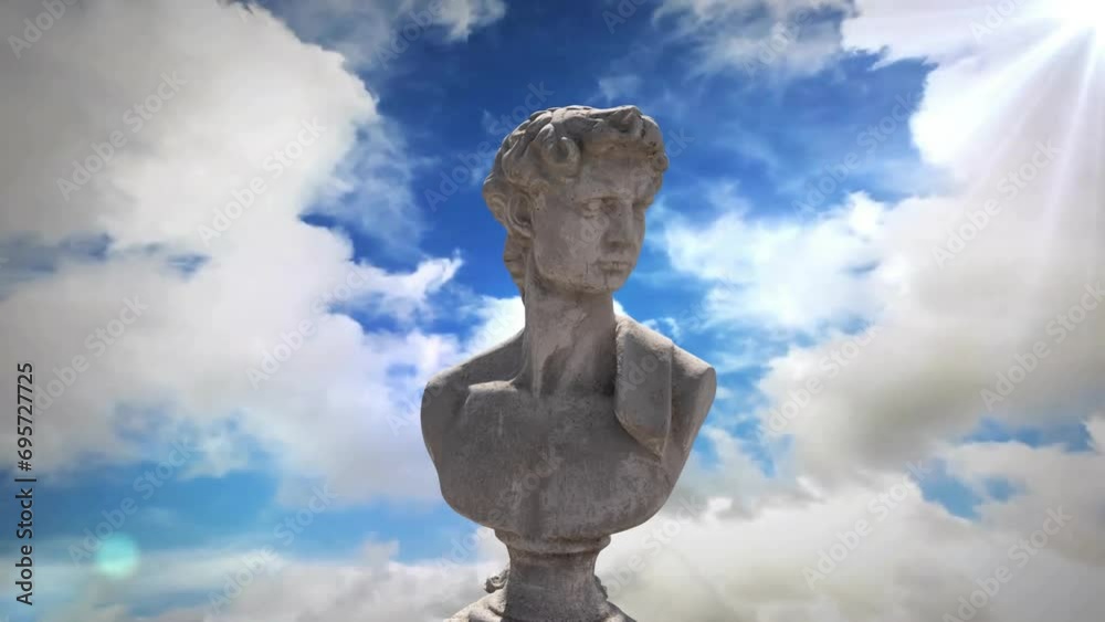 Animation of gray sculpture of man over blue sky and clouds Animation of gray sculpture of man over blue sky and clouds