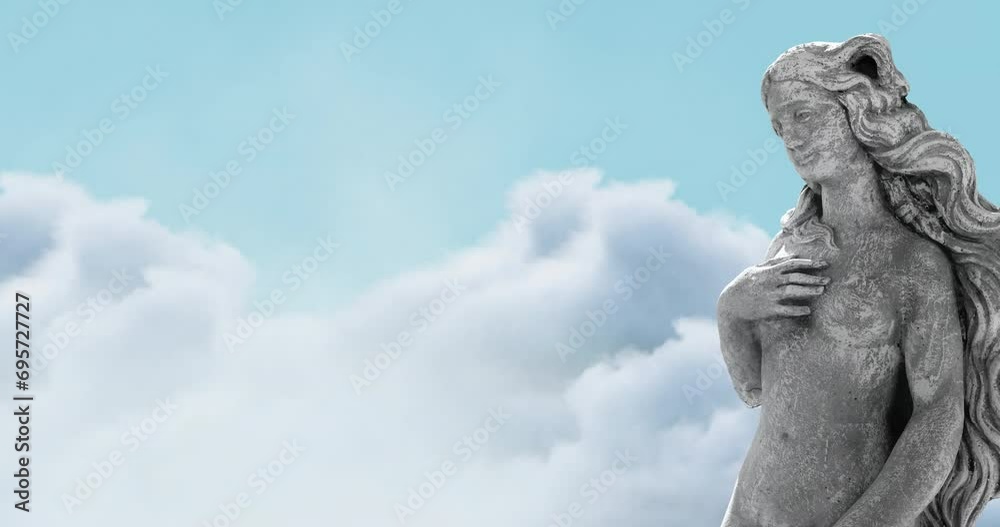 Animation of gray sculpture of woman over blue sky and clouds, copy space Animation of gray sculpture of woman over blue sky and clouds, copy space