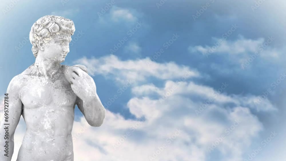 Animation of gray sculpture of man over blue sky and clouds, copy space Animation of gray sculpture of man over blue sky and clouds, copy space