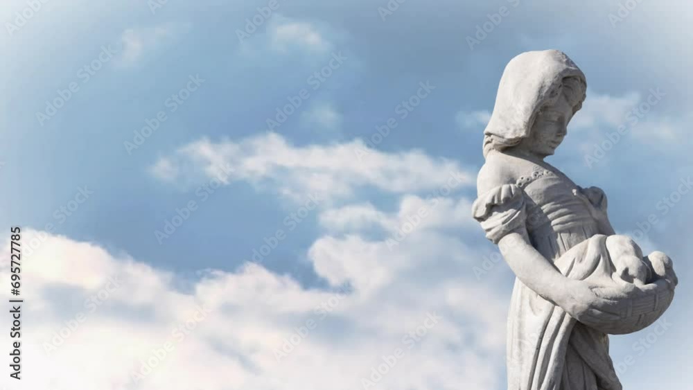 Animation of gray sculpture of woman over blue sky and clouds, copy space Animation of gray sculpture of woman over blue sky and clouds, copy space