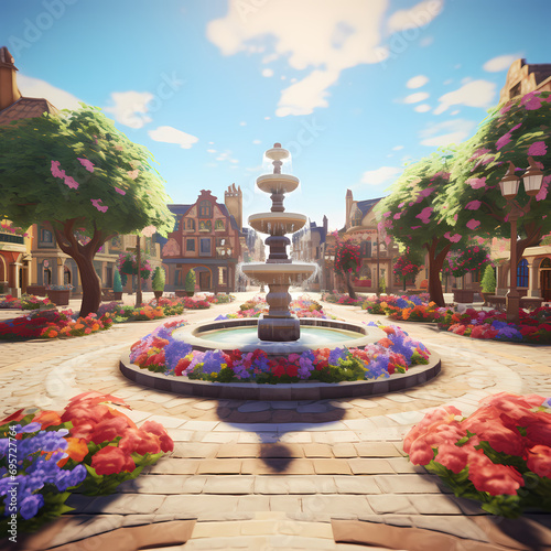 Village square adorned with colorful flowers and a central fountain