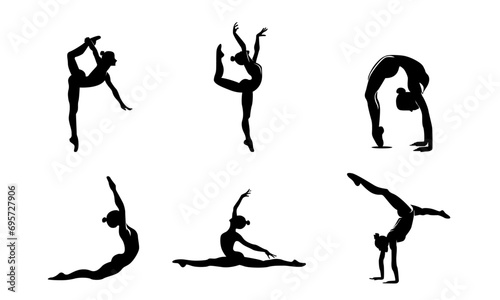 gymnastic characters (girls) detailed vectors or silhouettes set (Black and White) - 02 photo