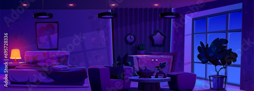 Bedroom interior at night with bed and lamp on nightstand, large window and plants. Cartoon vector illustration of girly room with furniture and decoration for sleeping at dusk. Dark empty home inside