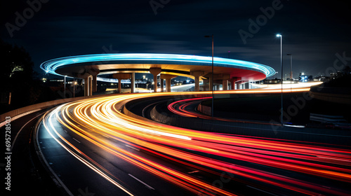 A long exposure photo of a highway at night.
