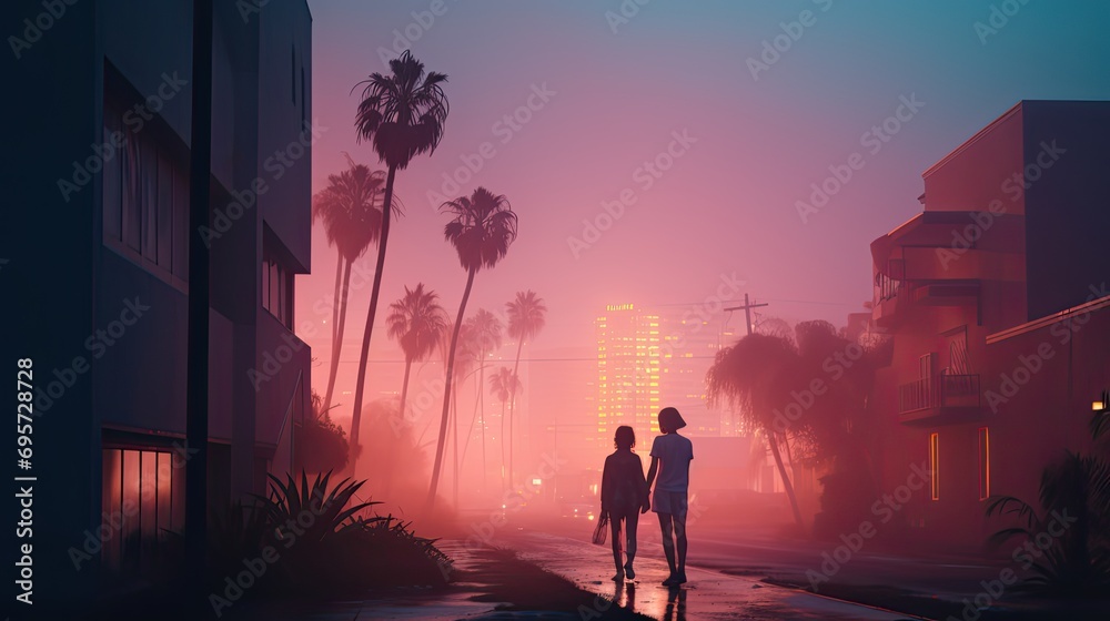 walking in the city palm trees fog and bright lights
