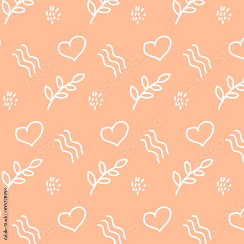 Vector seamless pattern with doodles on peach fuzz colour background