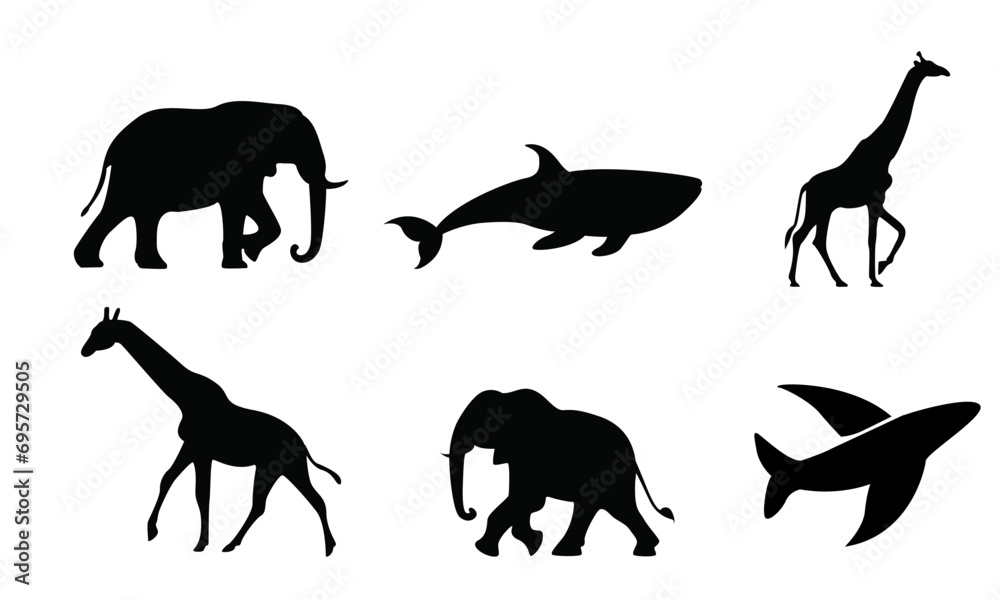 Sea and  jungle animals detailed vectors or silhouettes set (Black and White)