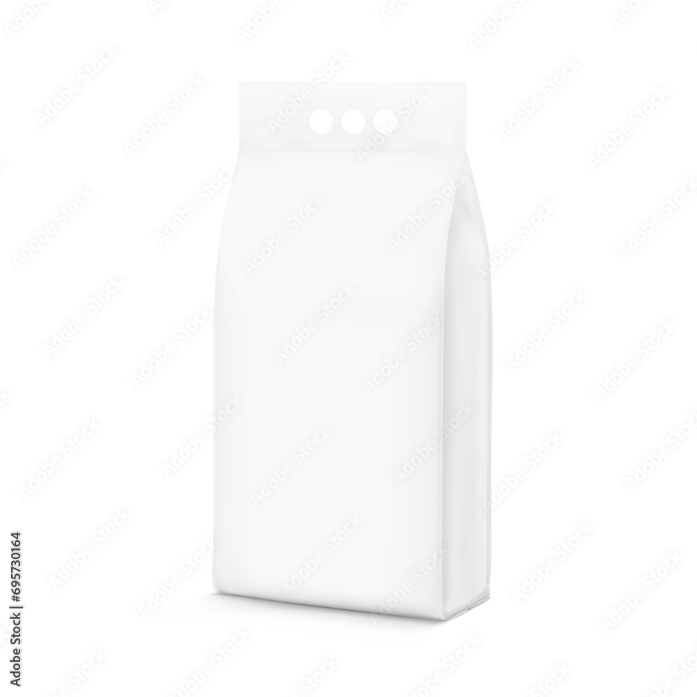 Realistic stand bag with three hole handle mockup for chemical products, cat litter. Half side view. Vector illustration isolated on white background. Can be use for template your design. EPS10. Realistic stand bag with three hole handle mockup for chemical products, cat litter. Half side view. Vector illustration isolated on white background. Can be use for template your design. EPS10.