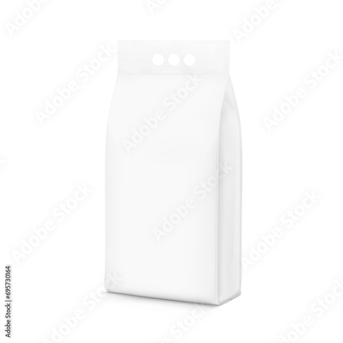 Realistic stand bag with three hole handle mockup for chemical products, cat litter. Half side view. Vector illustration isolated on white background. Can be use for template your design. EPS10.