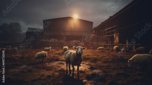 Rainy Pasture: Sheep Flock with Golden Sunbeam in Stormy Weather 